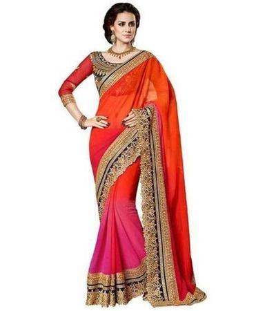 Women'S Woven Pure Georgette Red Saree With Banglori Silk Blouse Piece