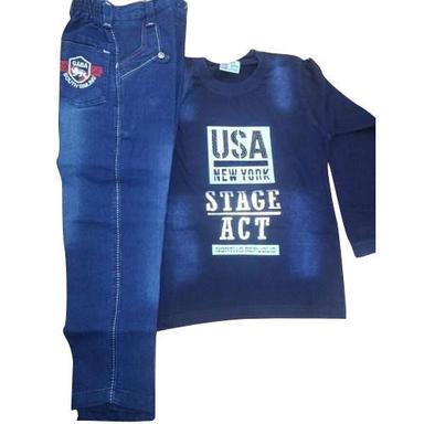 Blue Colour Denim And Cotton Kids T-Shirt With Denim Jeans