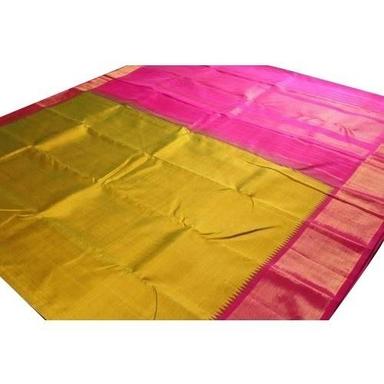 Ladies Yellow With Pink Silk Cotton Designer Saree For Festival Wear