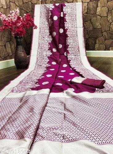 Purple And White 5.5 Meter Length Designer And Party Wear Ladies Cotton Silk Saree 