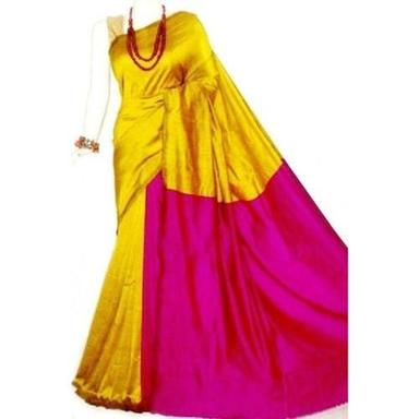 Golden With Pink Party Wear Comfortable Summer Season Plain Patterned Cotton Silk Saree
