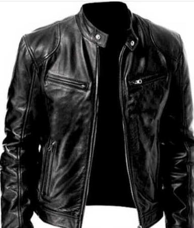 Mens Leather Jacket In Black Color With Full Sleeve And Zipper Closure Style Base Material: Metal Base