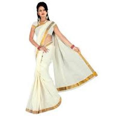 White Kerela Style Cotton Silk Saree With Golden Border