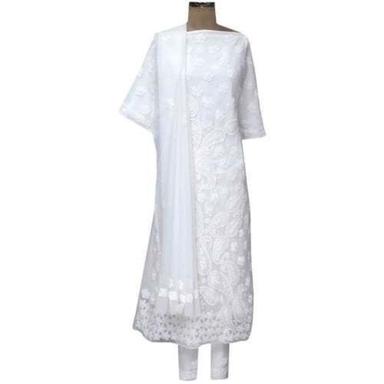 Indian Ladies Round Neck Half Sleeves Comfortable White Chikan Casual Salwar Suit