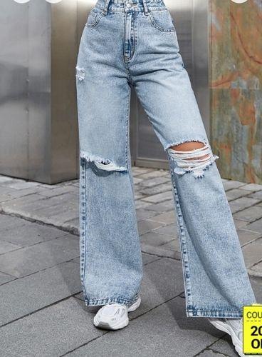 Kid Plain Denim Blue Straight Jeans For Casual Wear