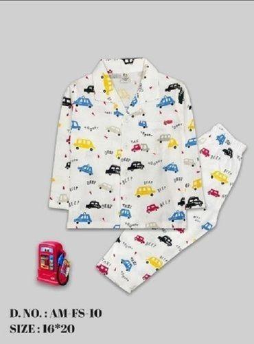 Silver Full Sleeves And Collar V Neck Printed Cotton Kids Nightwear With 2 Pieces Set
