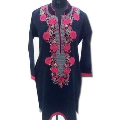 Blue Long Sleeves Embroidered Pattern Casual Wear Cotton Kurti For Women