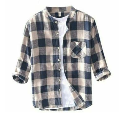 Silver Mens Full Sleeves Checks Printed Cotton Shirt For Casual Wear