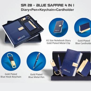 Blue Gold Leather And Stainless Steel 4 In 1 Combo Gift Set