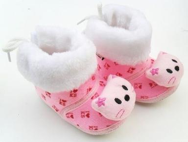 Pink And White Fabric Printed Baby Booties, 3-12 Months Ages Group
