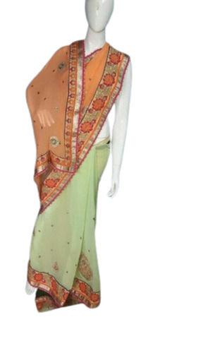 Orange And Green Embroidery Silk Cotton Saree For Ladies