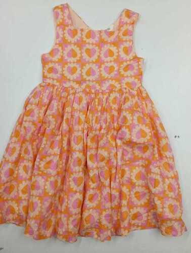 Party Wear Girls Sleeveless Round Neck Cotton Printed Colored Frock