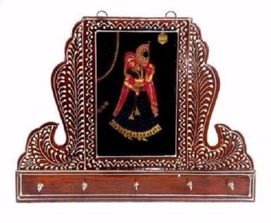 Indian Painted Folk Art Wooden Key Holder With 5 Hooks And 41x23 cm Size
