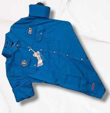 Kids Blue Party Wear Full Sleeves Shirts With Front Double Pocket