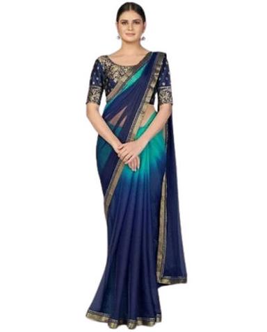 Blue And Light Green Ladies Party Wear Lace Closure Bollywood Style Plain Chiffon Saree With Blouse