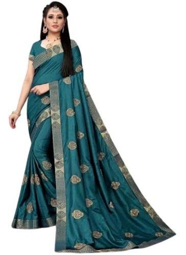 Bottle Green And Golden Ladies Breathable Party Wear Soft Silk Embroidered Saree With Blouse Piece 