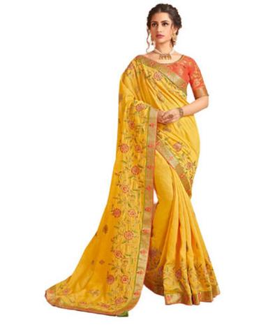 Yellow Women Party Ware Bollywood Style Embroidered Silk Saree With Blouse Pieces