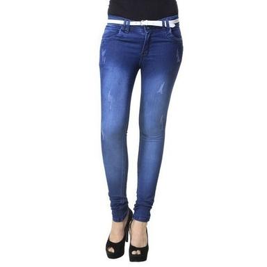 Blue 36 Inches Long Fade Resistant Slim Fit Party Wear Washed Denim Jeans For Women