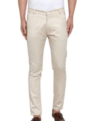 Cream Men Regular Fit Washable Casual Wear Plain Dyed Cotton Blend Trousers