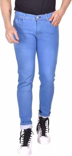Light Blue Casual Wear Washable Plain Dyed Mens Denim Jeans With Regular Fitting