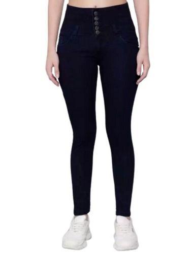 Black Washable Casual Wear Plain Dyed Skinny Denim Jeans For Women With Regular Fitting