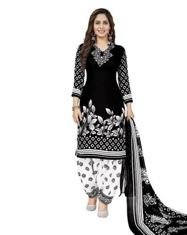 Black And White 3/4 Th Sleeves Washable Casual Wear Printed Soft Cotton Salwar Suit For Women
