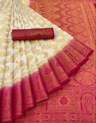 Red With White Lightweight Printed Silk Cotton Banarasi Traditional Wear Saree For Ladies 