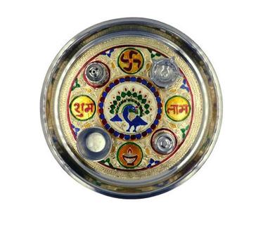 Multicolor Round Printed Polish Finished Stainless Steel Pooja Thali