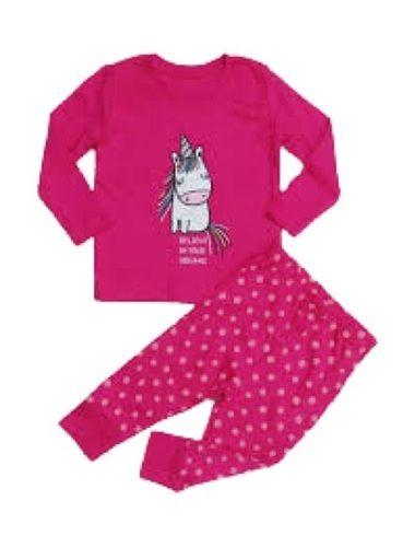 Pink Girls Breathable And Lightweight Printed Cotton Nightwear T-Shirt And Pyjama Set