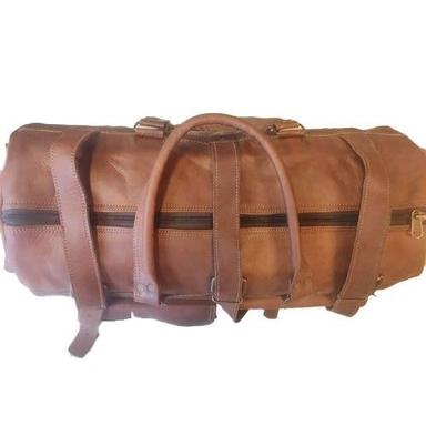 Brown Zipper Closure Plain Handle Leather Travel Bags