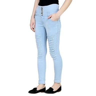 Stainless Steel Casual Wear Ladies Stretchable Denim Blue High West Jeans