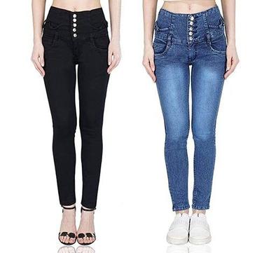 Ladies Regular Fit Stretchable High Vest Blue Black Cotton Denim Jeans