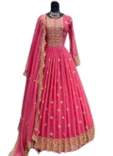 Breathable Ladies Embroidered Full Sleeve Pink Party Wear Cotton Silk Anarkali Churidar Suits