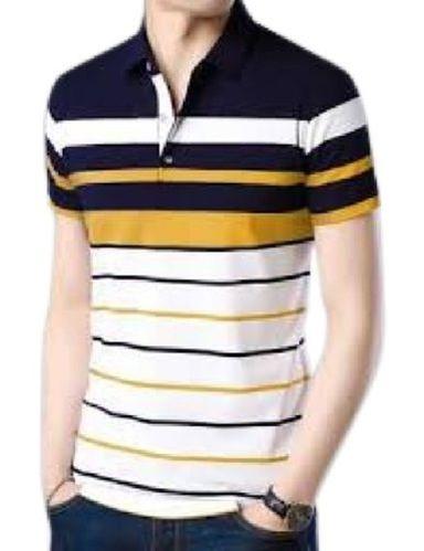 Black Men Causal Wear Short Sleeve Striped Pattern Polo Coller Pure Cotton T Shirt