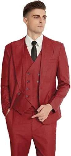 Maroon 30-34 Inches Plain Modern Classic Collar Button Closure Long Sleeves Cotton Men Wedding Suit