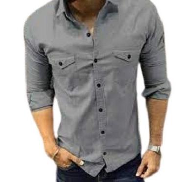 Men Plain Grey Full Sleeve Breathable Casual Wear Cotton Shirt Collar Style: Straight