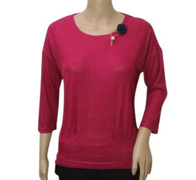 Pink Casual Wear 3/4 Sleeves Round Neck Soft And Warm Woolen Top For Women