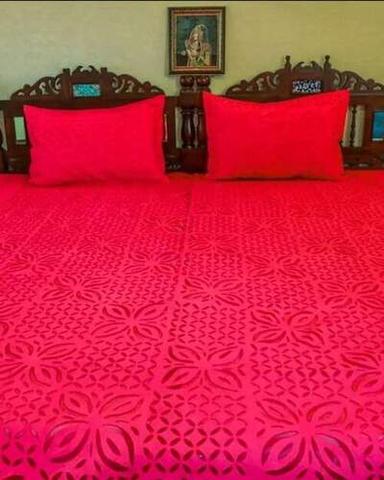 Premium Red Applique Work Cotton Double Bedsheet With Pillow Cover Use: New