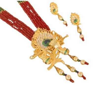 White 100 Gram Indian Regional Crystal Beaded Lord Krishna Murli Pankha Necklace