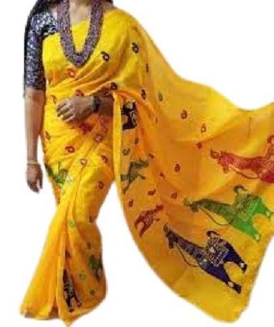 Embroidered Women Party Wear Printed Yellow Cotton Silk Saree