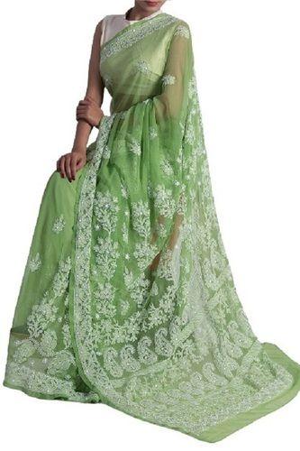 Green Ladies Party Wear Embroidered Georgette Chikan Saree