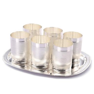 Copper 3 Inch Size Six Silver Plated Amrapali Glass Set With Tray