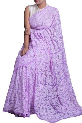 Lavender Ladies Embroidered Party Wear Georgette Chikan Saree