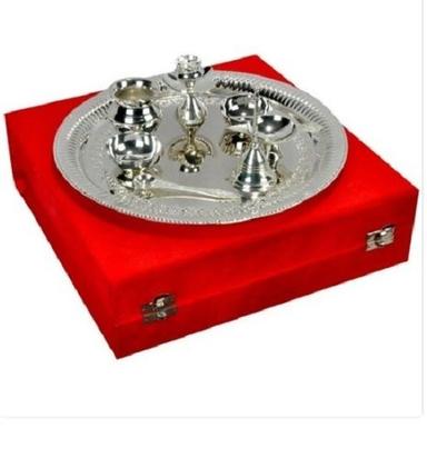 Washable 12 Inches Lightweight Silver Plating Hinduism Indian Style Brass Pooja Thali Set 