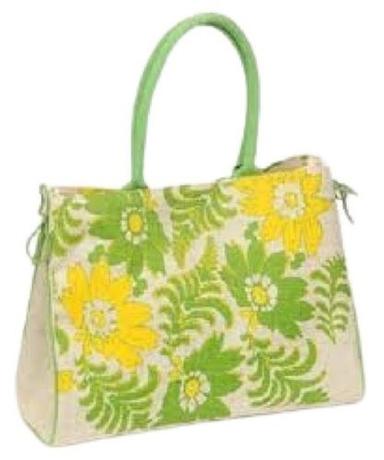 Green With Yellow Flexiloop Handle Printed Designer Environment Friendly Trendy Jute Bag