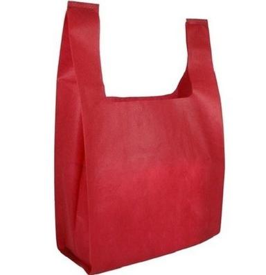 Red Plain Hand Length Handle Non Woven U Cut Bag