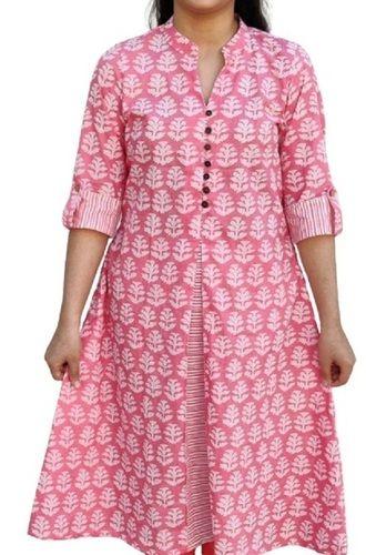 Pink With White Ladies Printed 3/4Th Sleeve Floral Printed Cotton Kurti
