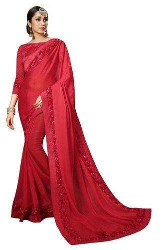 Red Ladies Party Wear Plain Georgette Saree With Blouse Piece