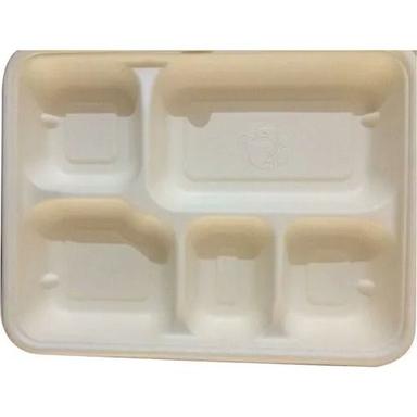 Off White Heat And Cold Resistant Disposable Plain Pattern Sugarcane Pulp Meal Tray