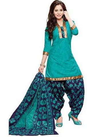 Blue 3 By 4 Sleeve Laces Cotton Printed Ladies Salwar Suit